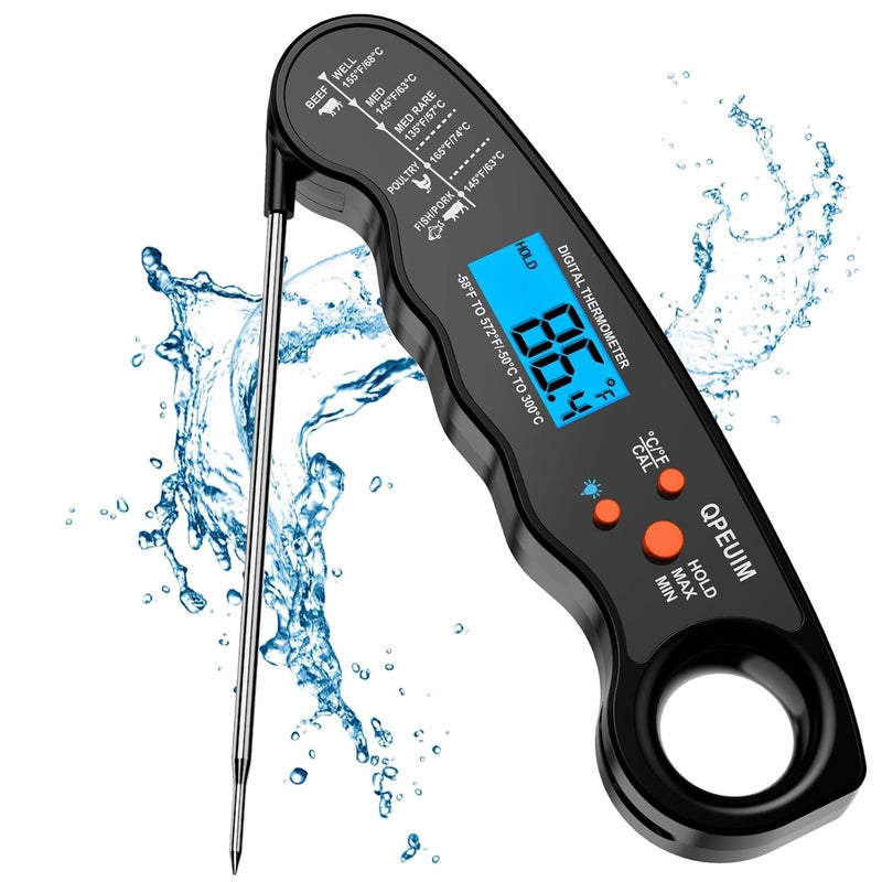QPEUIM Meat Thermometer Digital -Instant Read Food Thermometer-Waterproof Food Thermometer with Backlight for Grilling and Cooking,BBQ,Deep Fry,Turkey, Candy, -Black - Image 1